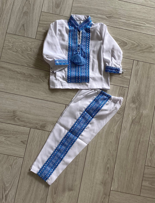 Adorable Blue Ukrainian Baby Boy Baptism Set Vyshyvanka Outfit