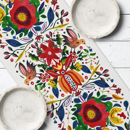 Traditional Ukrainian Folk Art Table Runner with Birds and Floral Ornaments