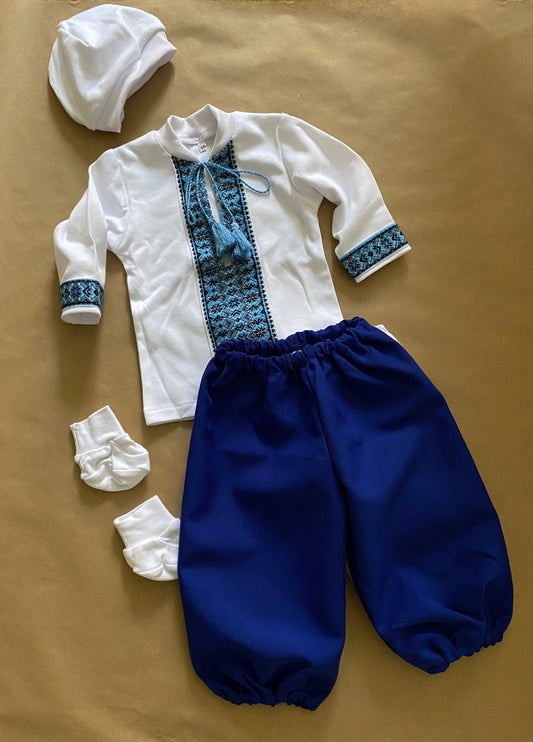 Adorable Blue Little Cossack Costume with Sharovary – Traditional Ukrainian Charm for Baby Boys