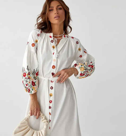 White Summer Dress with Folk Nouveau Embroidery Resort-Ready Effortless Elegance