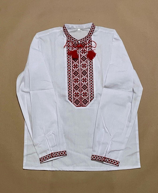 2-15YO Traditional Ukrainian Embriodered Sorochka Shirt for Boys with Red Embroidery