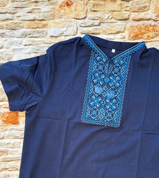 Elegant Blue Folk Ukrainian T-Shirt for Men Blue Base with Blue Embroidery
