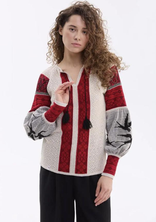 XS-4XL Chic Knitted Ukrainian Blouse With Lastivky Brirds Pattern
