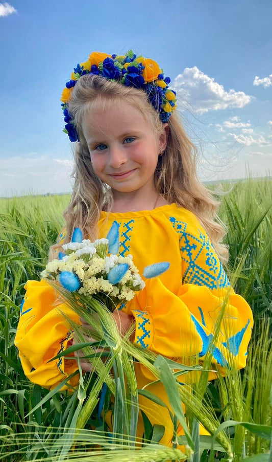 Ukrainian Embroidered Girls Dress with Belt & Crochet Details in Partiotic Colors With Lastivky Brirds Embroidery
