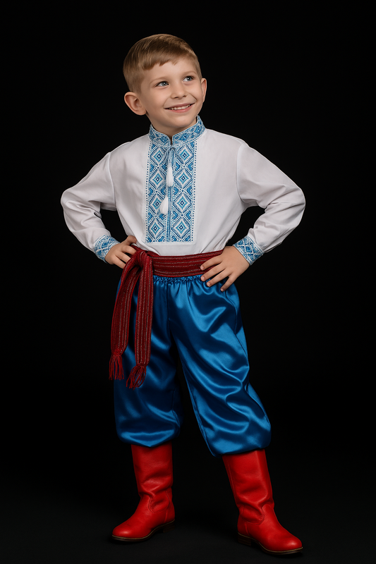 5-16YO Ethnic Blue Traditional Ukrainian Cossac Folk Costume for Boys With Sharovary and Belt