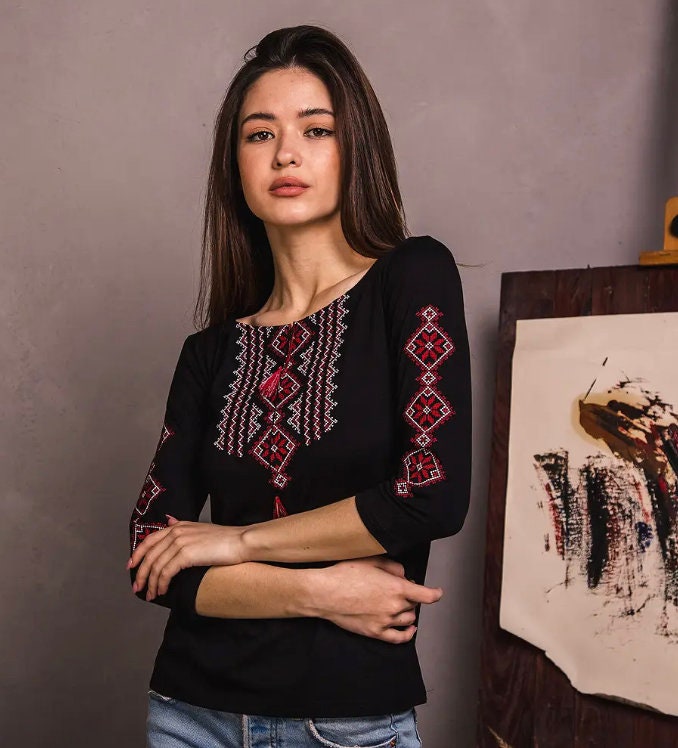 Boho Black Vyshyvanka Blouse with Sexy Red Geometric Embroidery