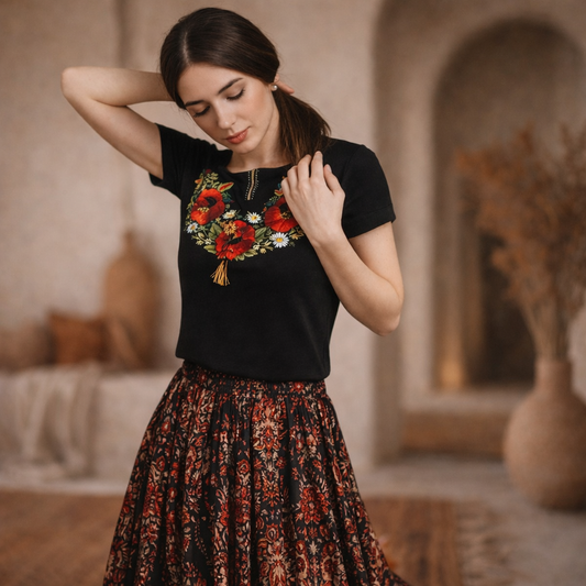 Black Boho Ukrainian T-Shirt for Women with Flower Embroidery