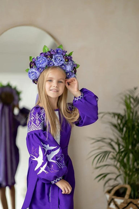 Beautiful Ukrainian Embroidered Dress for Girls with Lastivky and Belt