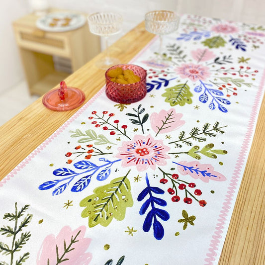 Floral Folk-Inspired Table Runner with Soft Pastel Blooms