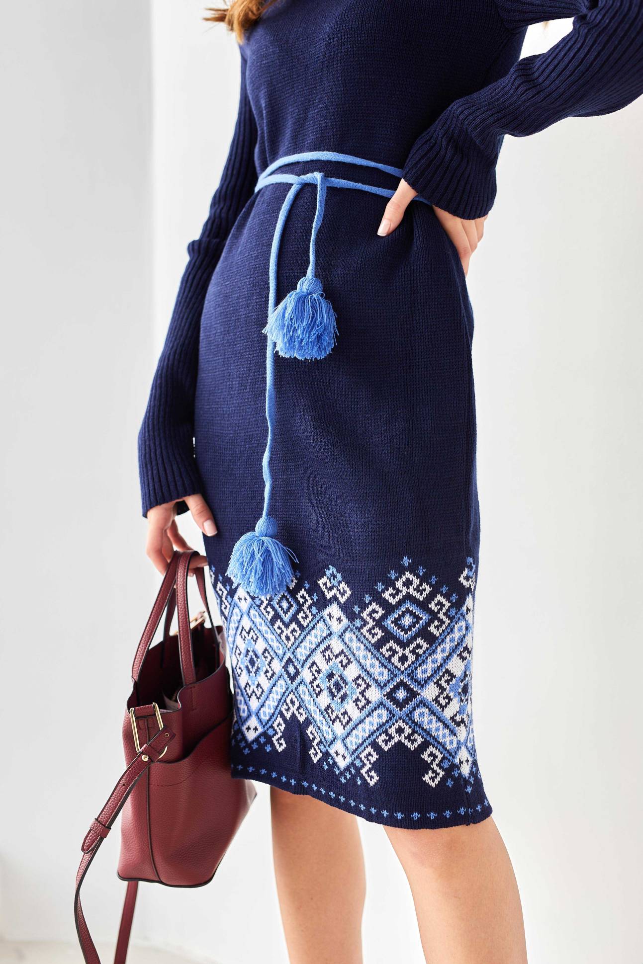 Navy Turtleneck Pencil Dress with Blue Geometric Embroidery – Warm Winter Knit Dress with Belt