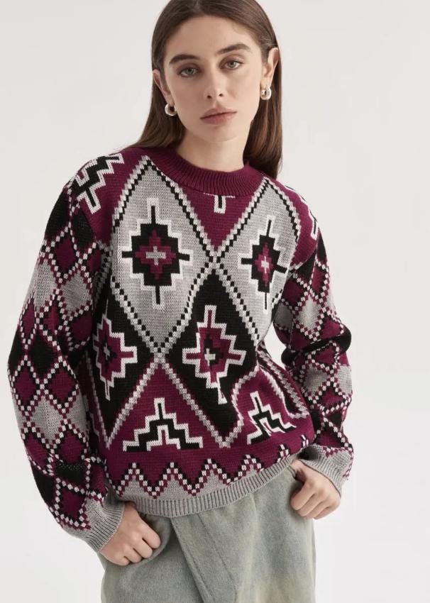 Cozy Ukrainian Sweater with Burgundy Geometric Embroidery-Inspired Patterns