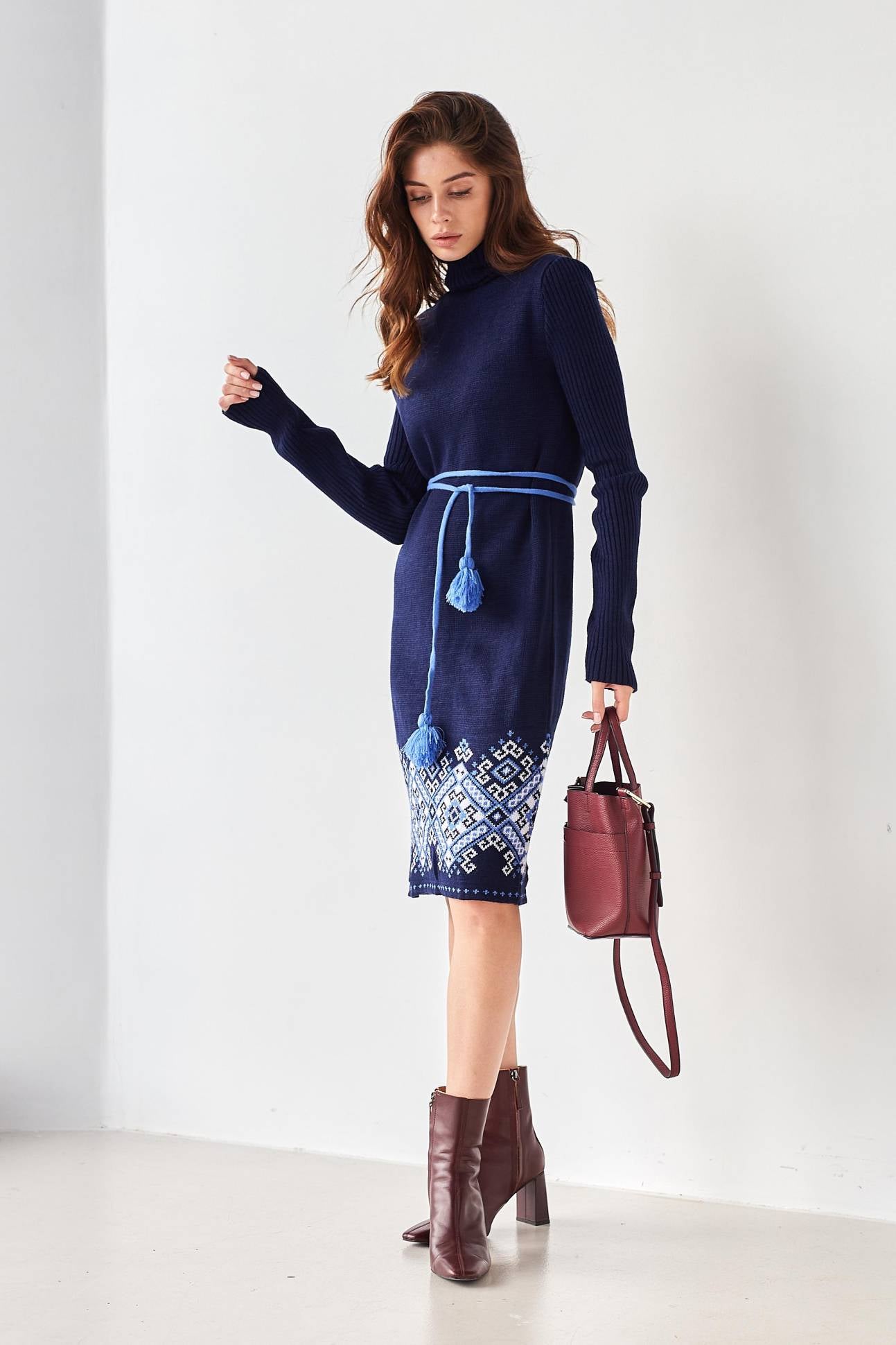 Navy Turtleneck Pencil Dress with Blue Geometric Embroidery – Warm Winter Knit Dress with Belt
