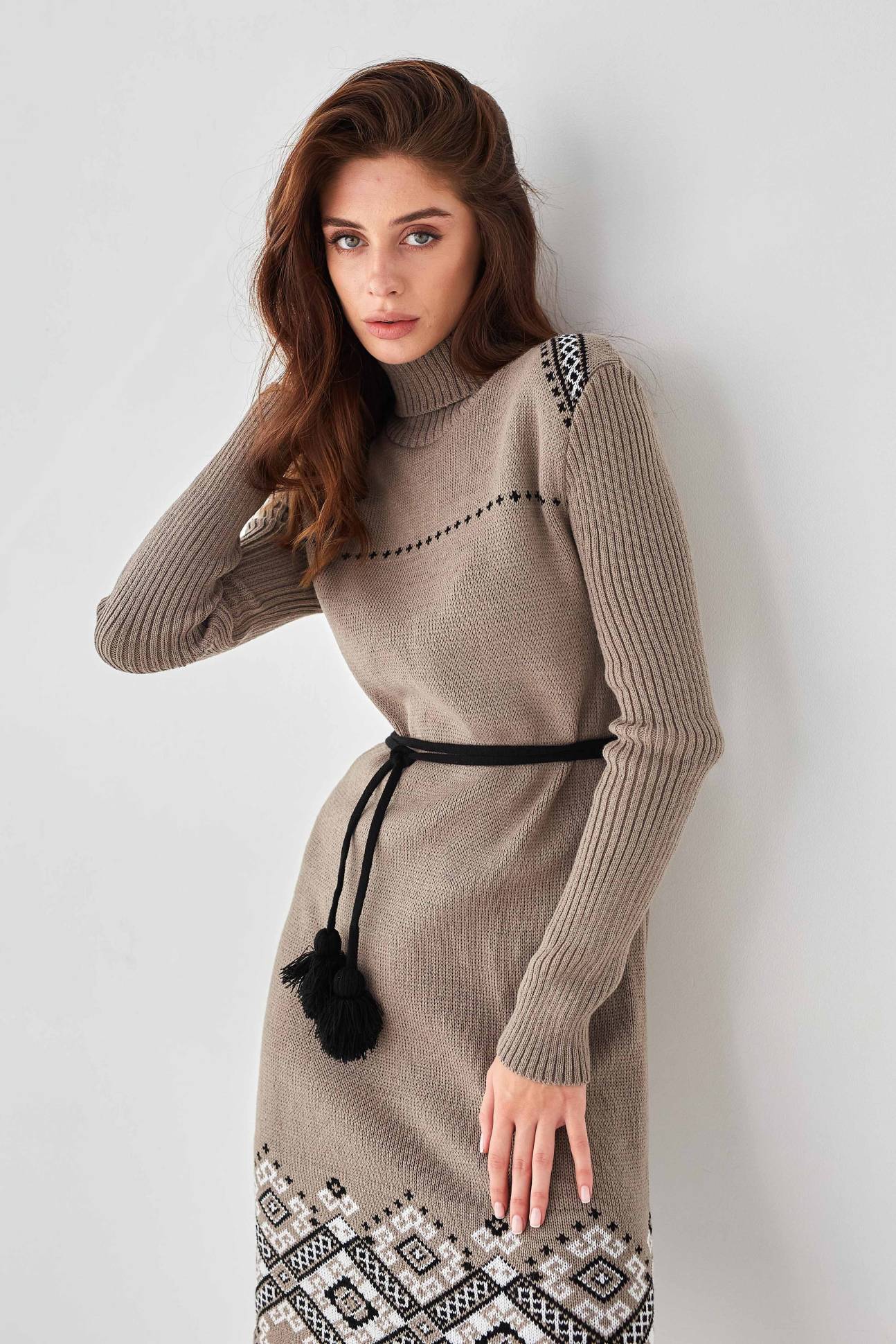 Black Knit Pencil Dress with Pink Floral Embroidery – Warm Winter Oversized Sweater Dress with Belt