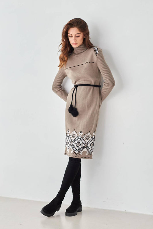 Black Knit Pencil Dress with Pink Floral Embroidery – Warm Winter Oversized Sweater Dress with Belt