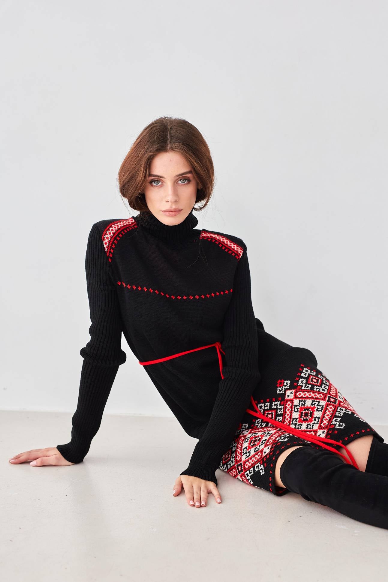 Black Body-Hugging Knit Warm Dress with Red Floral Embroidery and Pom-Pom Belt