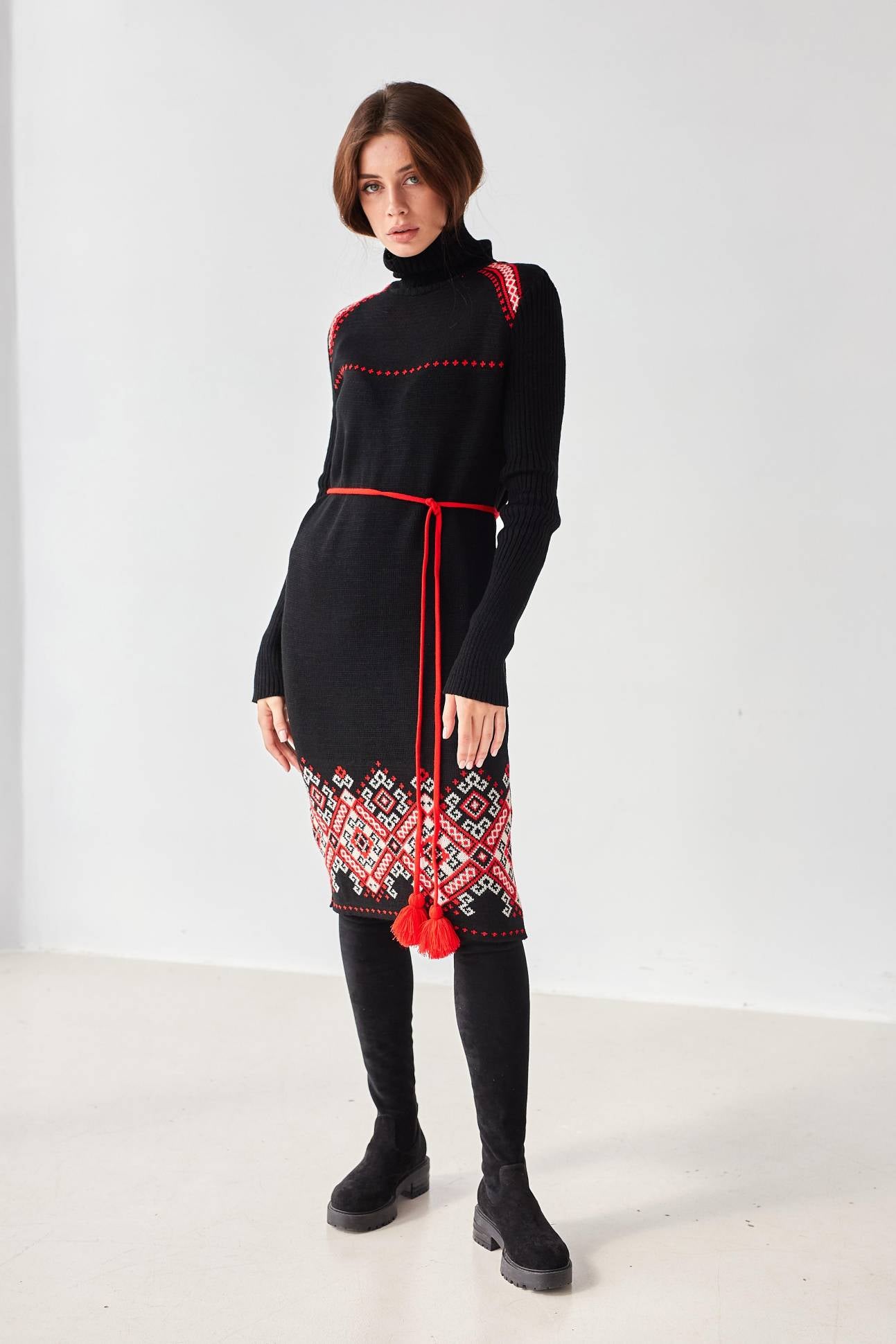 Black Body-Hugging Knit Warm Dress with Red Floral Embroidery and Pom-Pom Belt