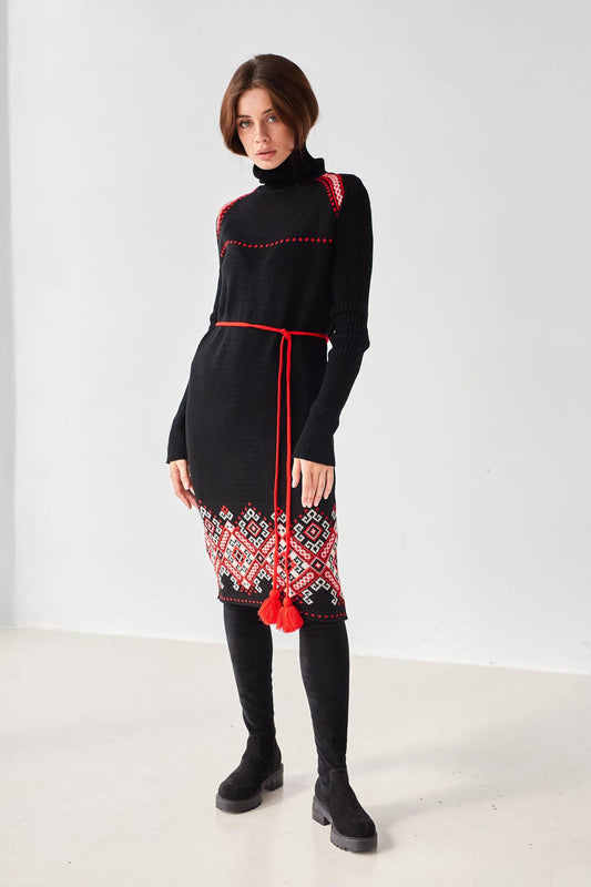 Black Body-Hugging Knit Warm Dress with Red Floral Embroidery and Pom-Pom Belt