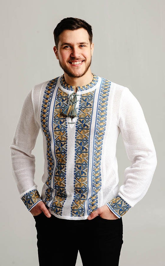 XS-4XL Summer Crochet Knit Ukrainian Vyshyvanka Shirt for Men with Tryzub