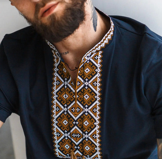 Modern Embroidered Ukrainian Vyshyvanka T-Shirt for Men with Brown Embroidery