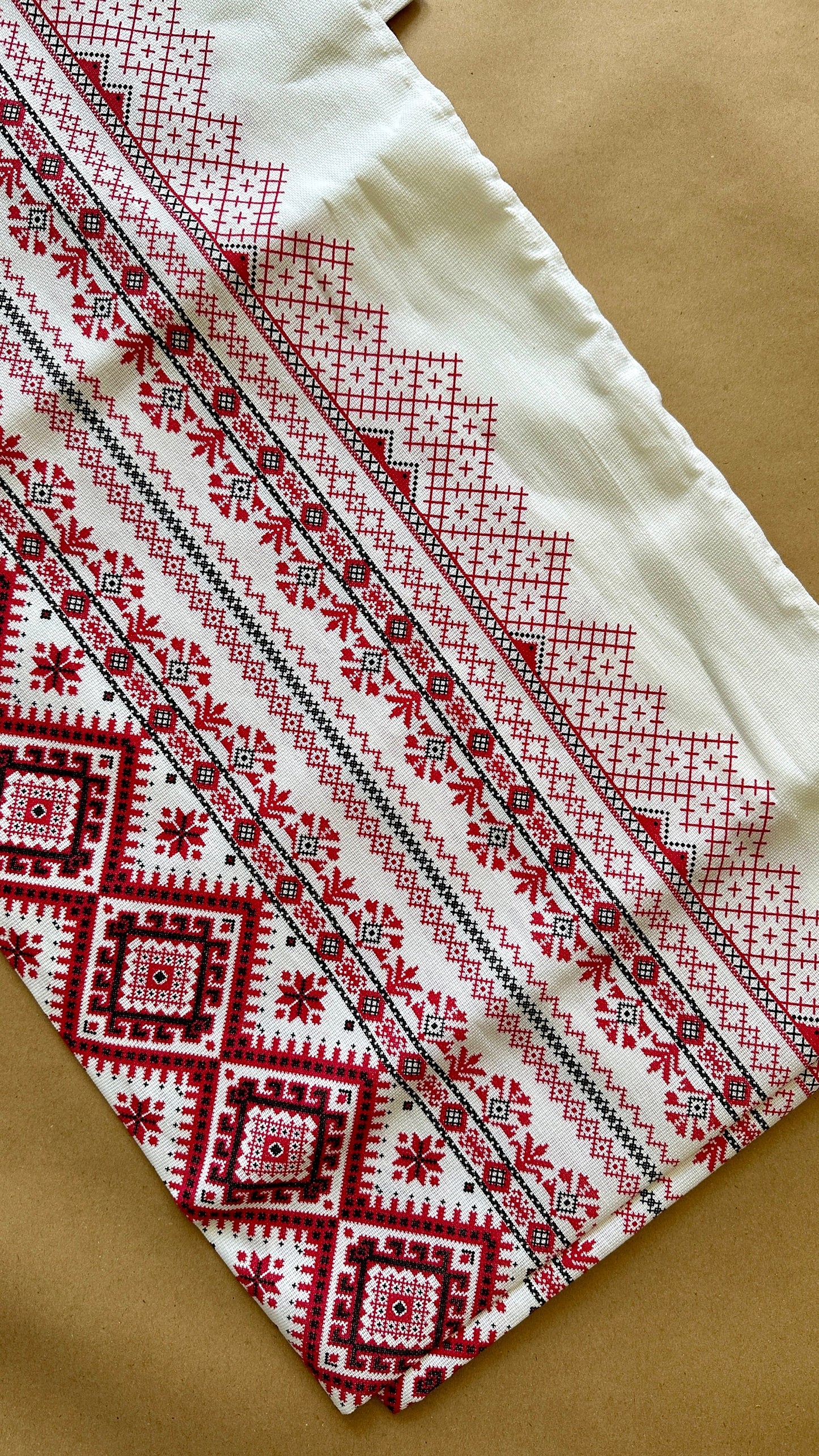 Modern Ukrainian Table Cloth with Red Folk Geometric Pattern