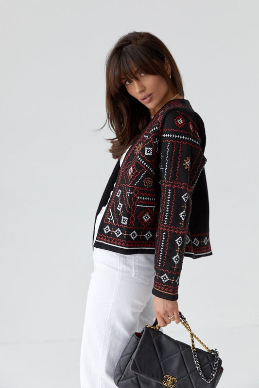 Boho Folk-Inspired Cropped Blazer with Red & White Geometric Stitching