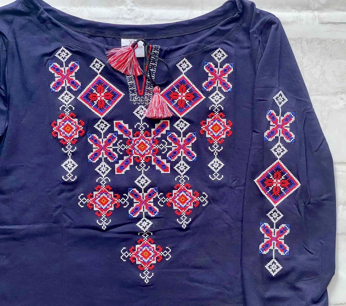 Symbolic Navy Blue Ukrainian Blouse with Red Geometric Embroidery