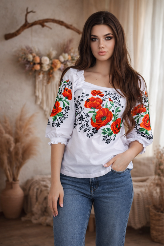 Traditional Slavic Ukrainian Blouse with Floral Embroidery