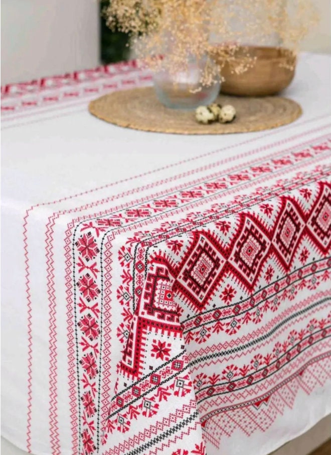 Modern Ukrainian Table Cloth with Red Folk Geometric Pattern