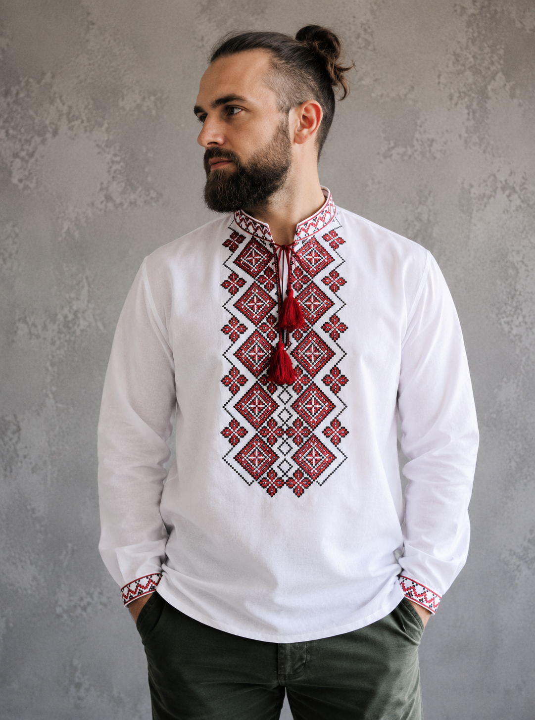 Traditional Ukrainian Long Sleeve Sorochka Shirt for Men with Red Embroidery