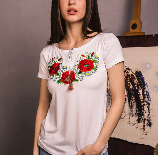 S-3XL White Summer Vyshyvanka Ukrainian T-Shirt with Poppy Flower Embroidery