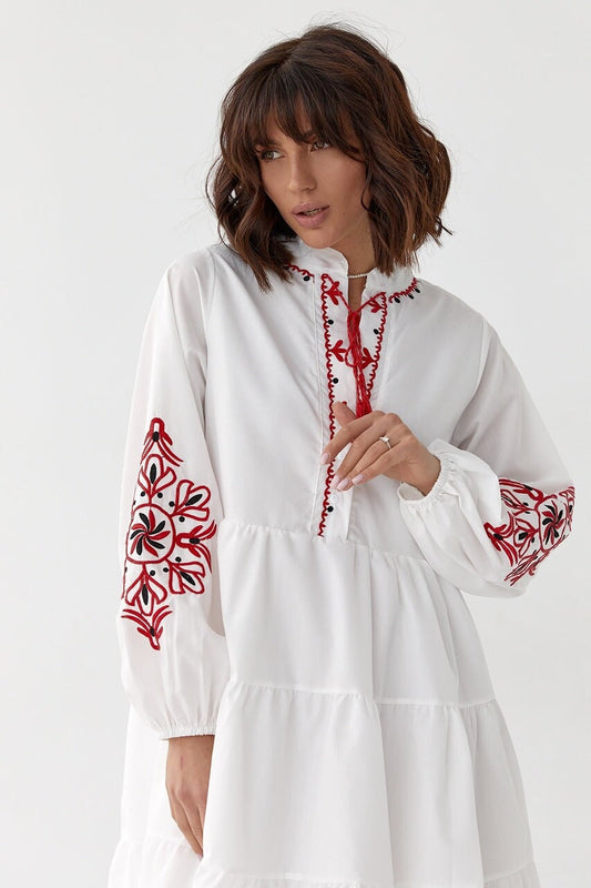 Striking White Boho Summer Boho Dress with Red Embroidery