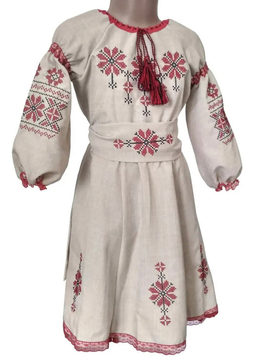 Long-Sleeve Traditional Ukrainian Vyshyvanka Dress with Red Embroidery