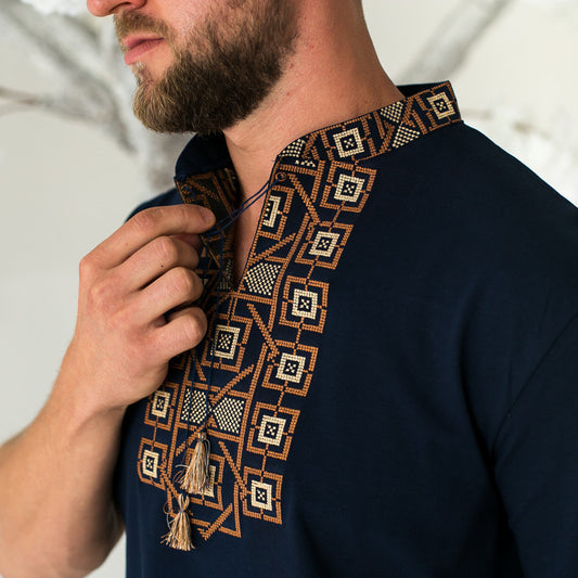 S-3XL Slavic Embroidered T-Shirt for Men with Blue Base with Brown Embroidery