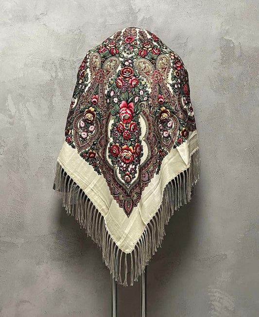 Ethnic Cream Folk Slavic Babushka Shawl Ukrainian Floral Oversized Scarf