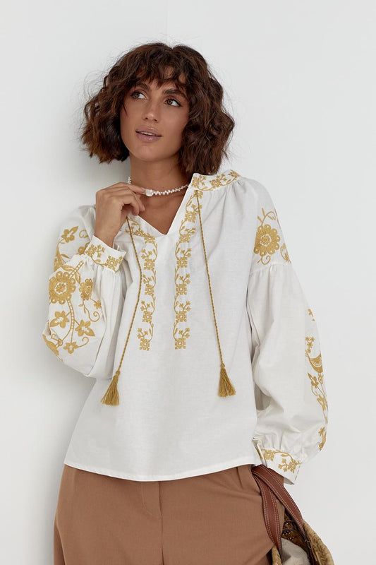 Beige Bohemian Style Embroidered Blouse for Women Ukrainian Vyshyvanka