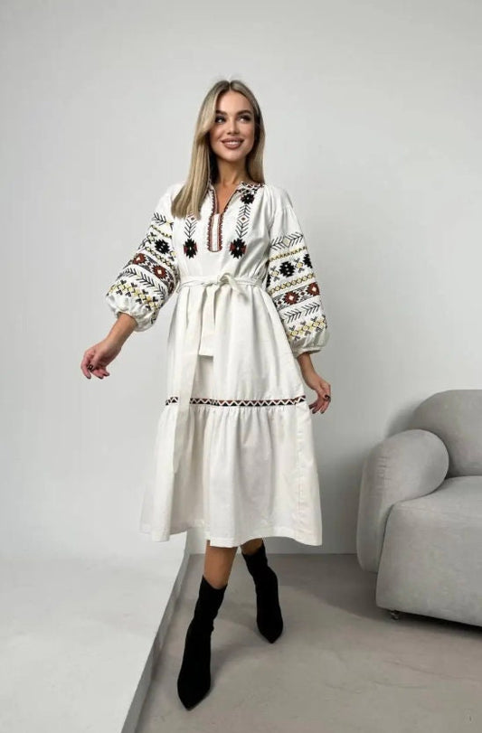 Summer Dress with Modern Geometric Embroidery Resort-Ready Elegance
