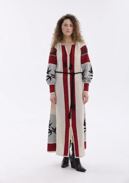 XS-4XL Chic Long Knitted Linen Ukrainian Dress With Lastivky Brirds Pattern