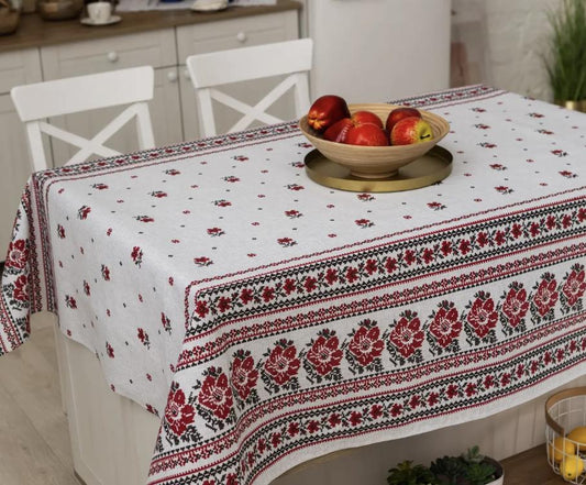 Traditional Ukrainian Tablecloth with Red Folk Embroidery Pattern