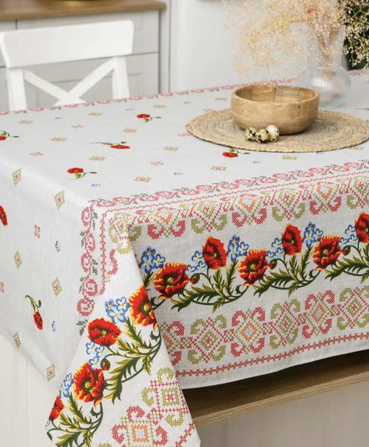 Ukrainian Table Cloth with with Poppy Seed Flower Print