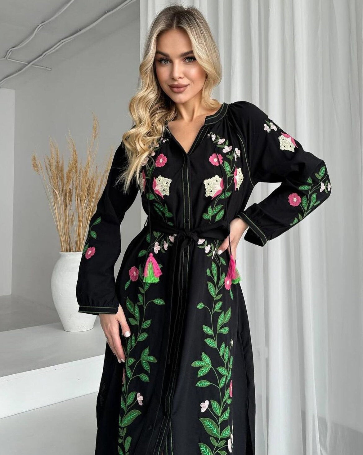 Radiant Black Summer Boho Resort Dress with Floral Embroidery