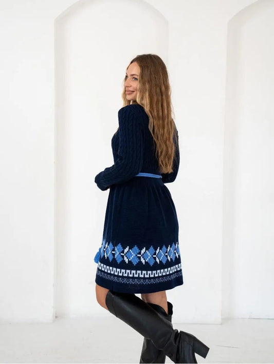 Oversize Long Sweater Pencil Dress – Warm Knitted Ukrainian Dress with Folk Ornament