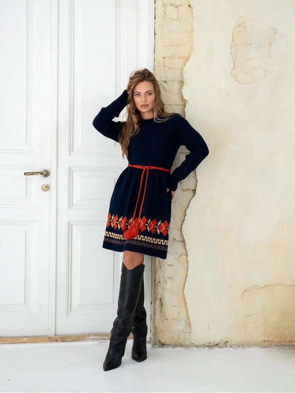 Oversize Long Sweater Pencil Dress – Warm Knitted Ukrainian Dress with Folk Ornament