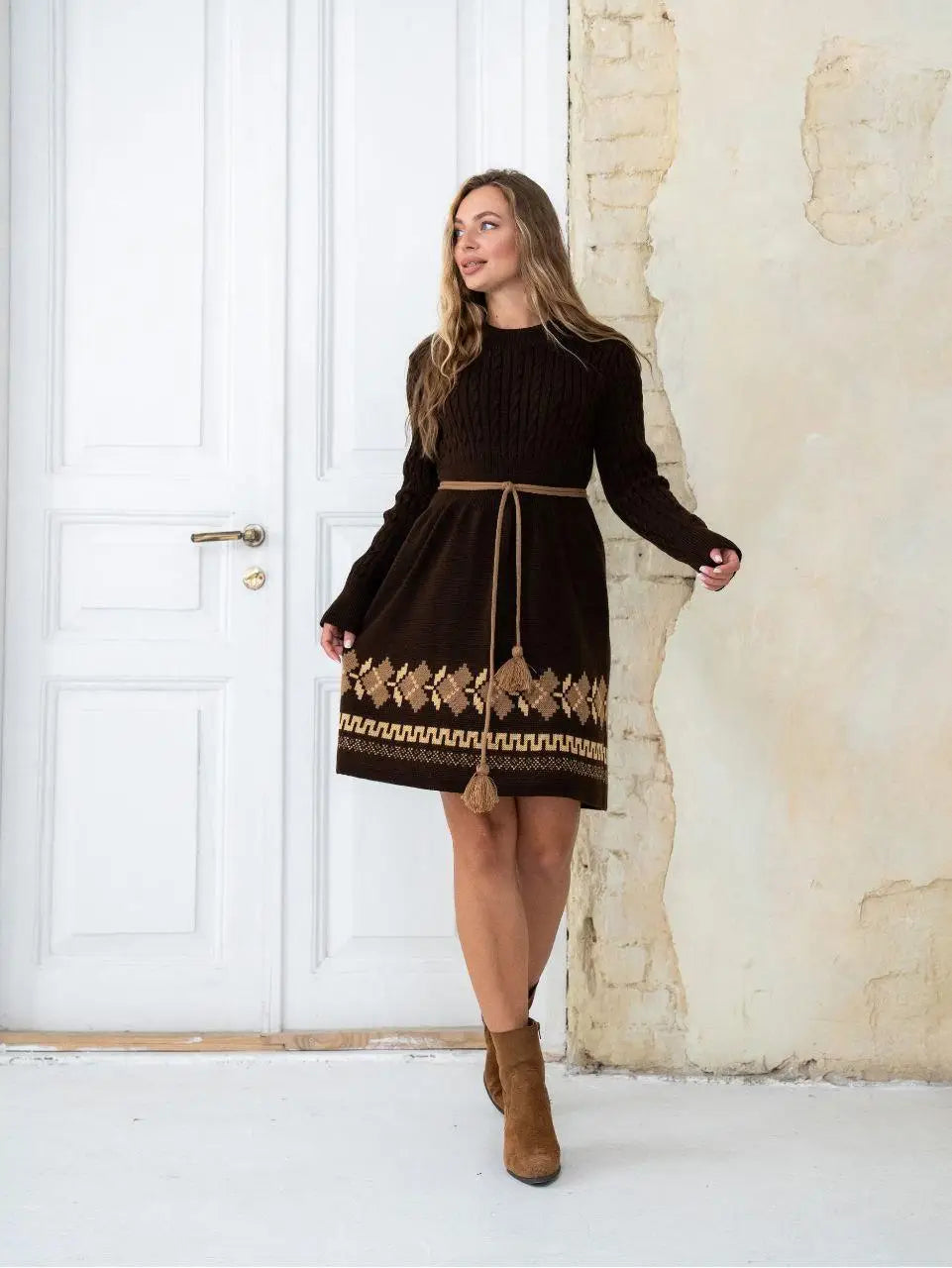 Oversize Long Sweater Pencil Dress – Warm Knitted Ukrainian Dress with Folk Ornament