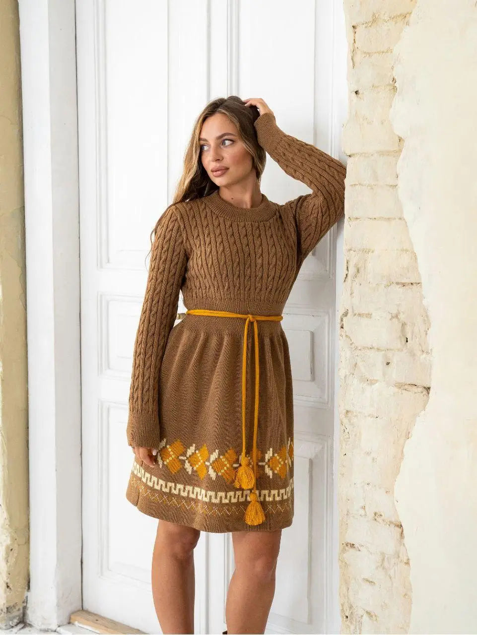 Oversize Long Sweater Pencil Dress – Warm Knitted Ukrainian Dress with Folk Ornament