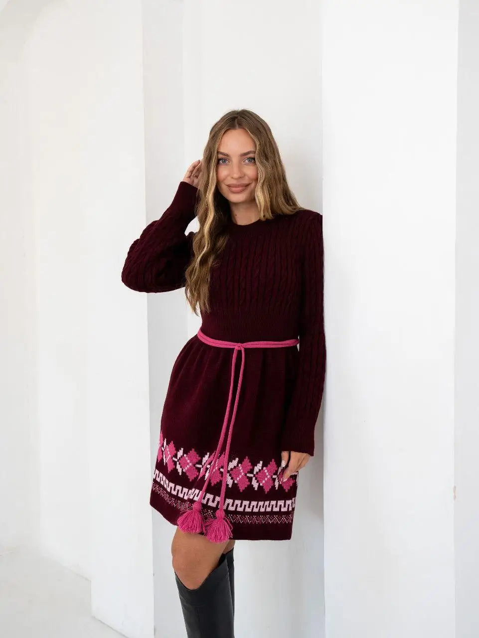 Oversize Long Sweater Pencil Dress – Warm Knitted Ukrainian Dress with Folk Ornament