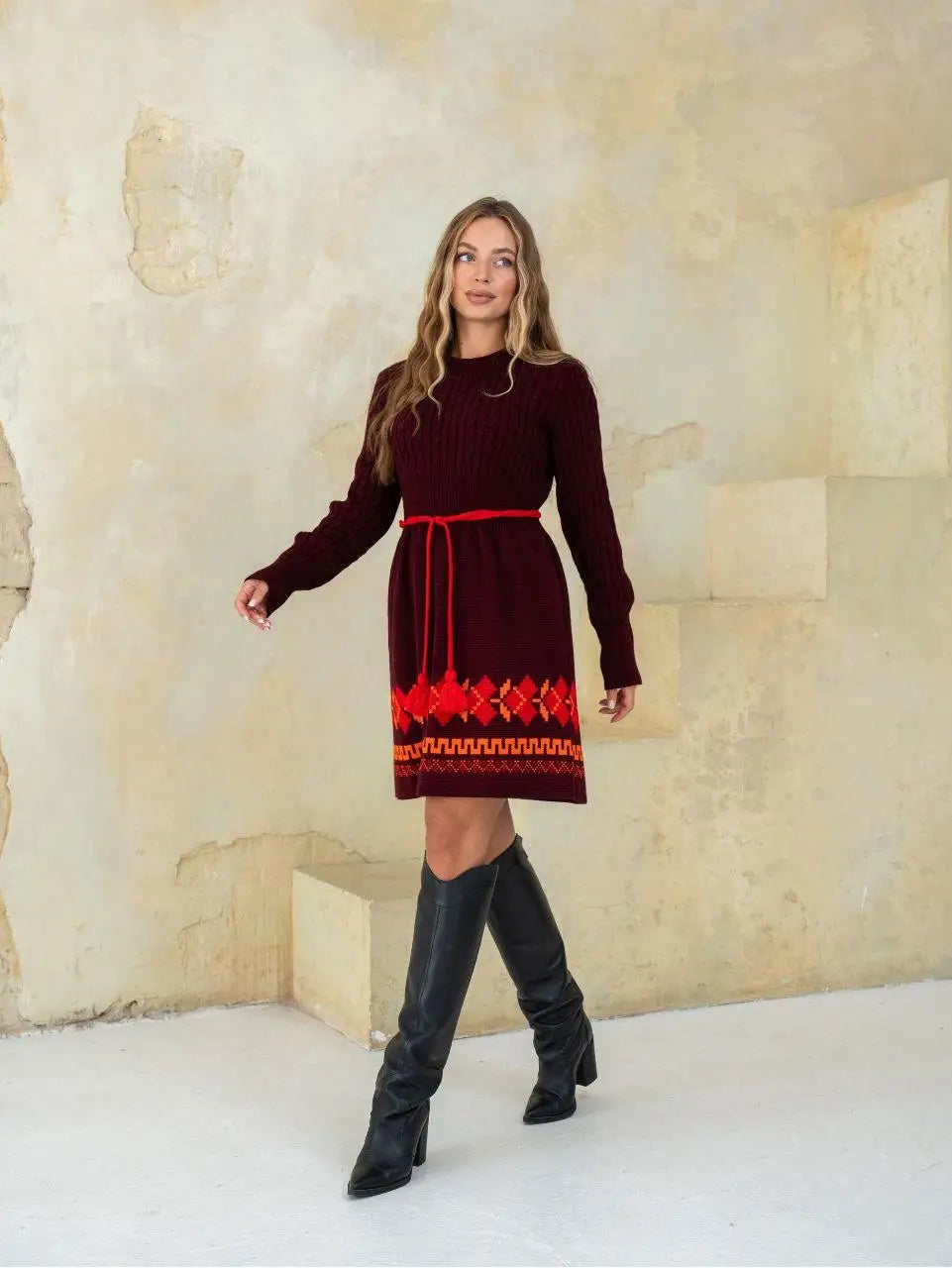 Oversize Long Sweater Pencil Dress – Warm Knitted Ukrainian Dress with Folk Ornament