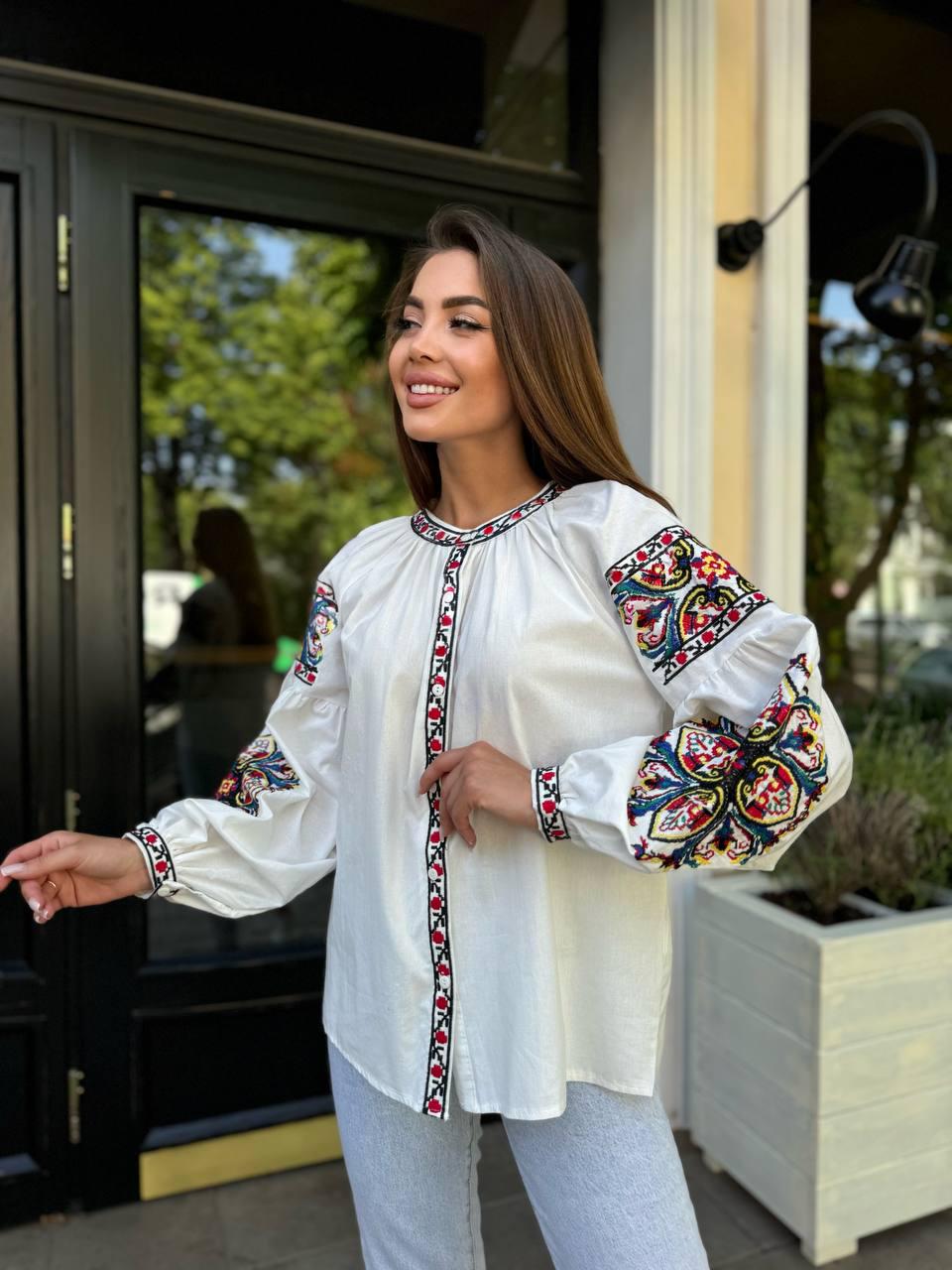 Bohemian Embroidered Oversize Summer Blouse with Rich Embroidery Folk Nouveau Blouse
