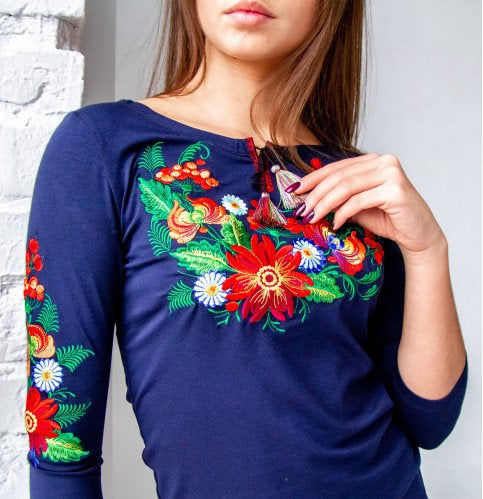 S-4XL Navy Ukrainian Vyshyvanka Blouse with Floral Embroidery | Women’s Traditional Embroidered Shirt