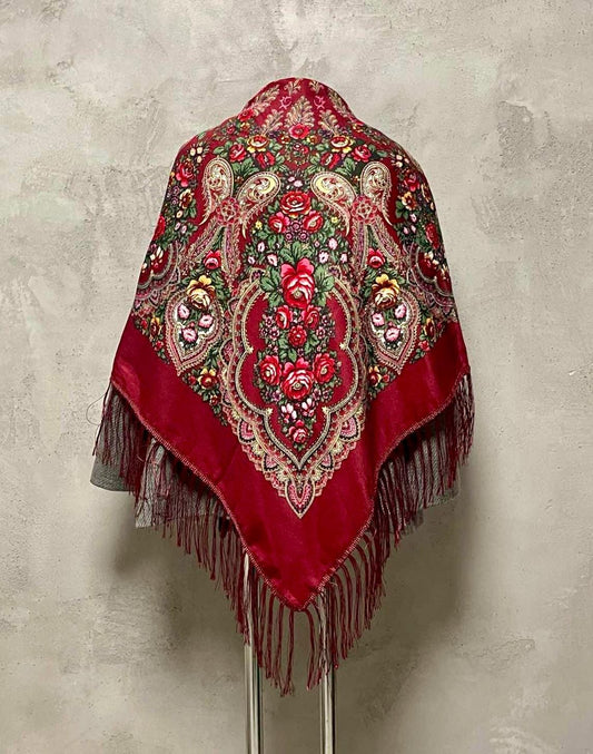 Red Floral Folk Ukrainian Scarf with Tassles and Large Flowers