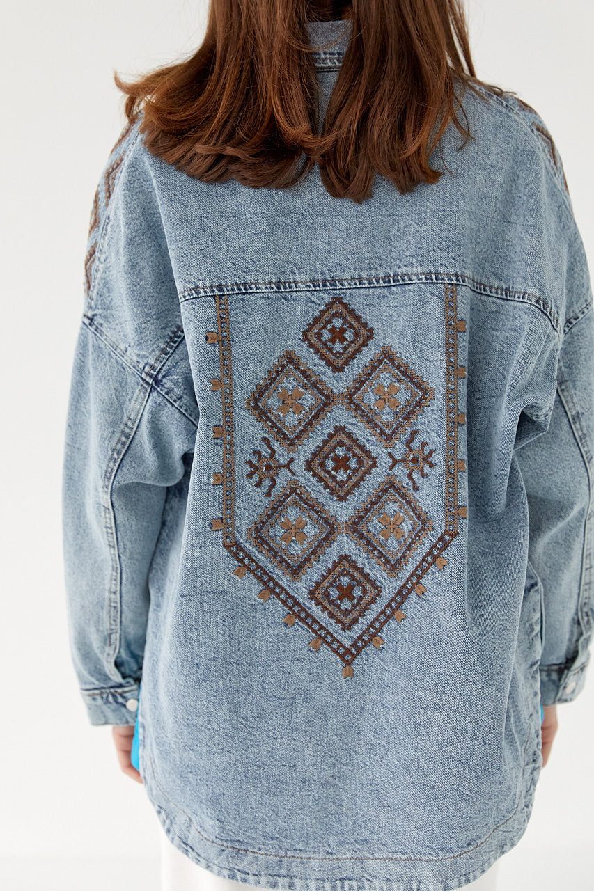 Embroidered Boho Denim Jacket Shirt for Women